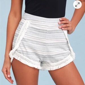Lulu's White and Gray High Waist Shorts with Distressed Hem